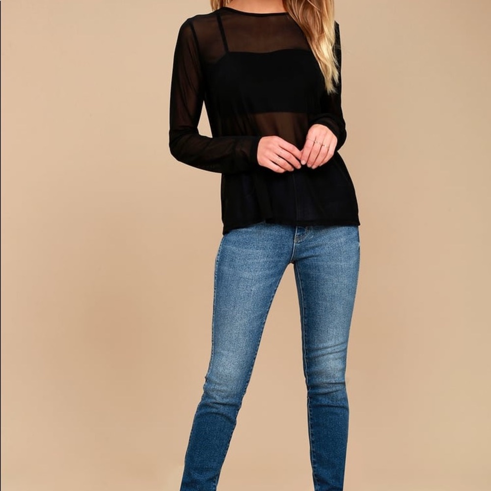 Lulus Light Black Sheer Mesh Long Sleeve Top